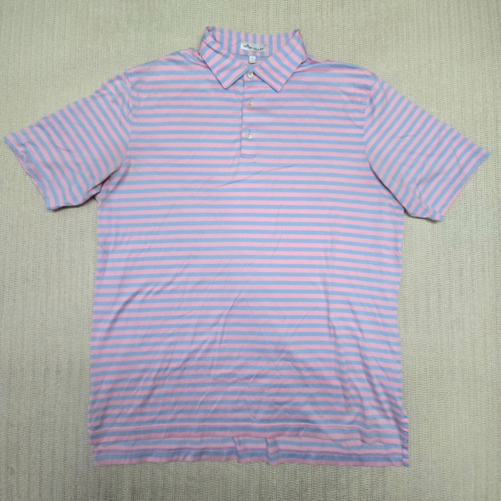 Peter Millar Polo Shirt Mens Large Blue Pink Stripe Golf Stretch Cotton Casual